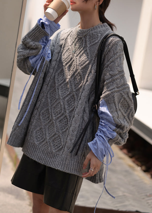 Black O Neck Drawstring Cotton Knit Sweaters Fall