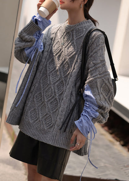 Black O Neck Drawstring Cotton Knit Sweaters Fall