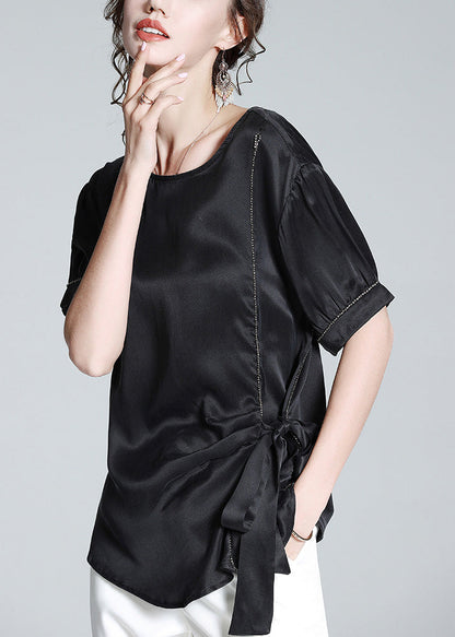 Black O-neck Drawstring Tie Waist Silk T Shirt Summer