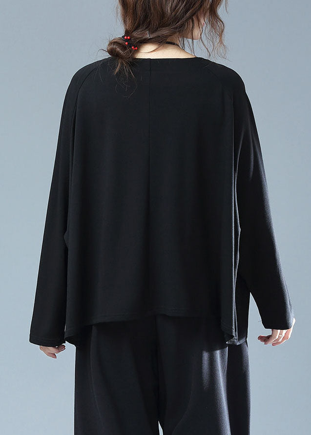Black O Neck Embroideried Patchwork Cotton T Shirt Top Fall