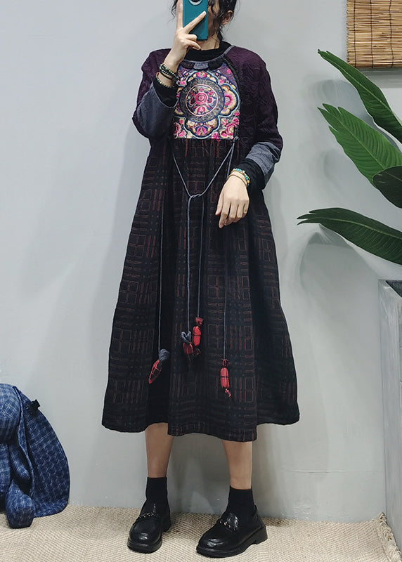 Black O-neck Embroideried Patchwork Jacquard Long Dress Long Sleeve
