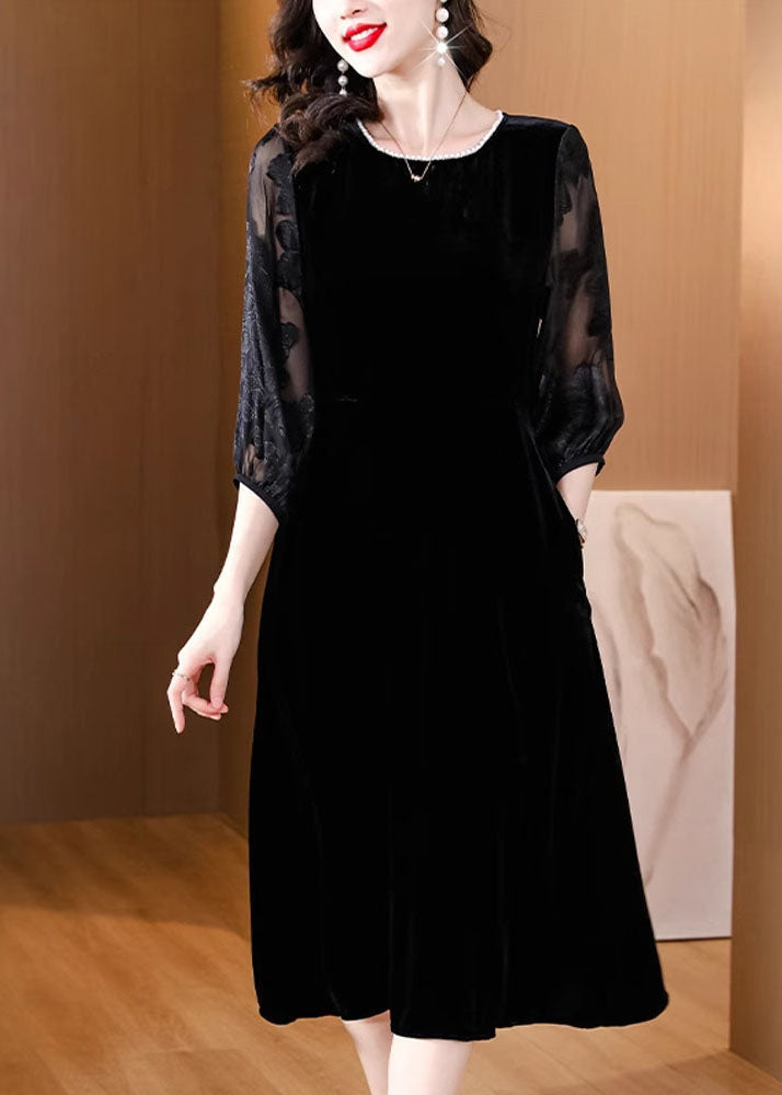 Black O-neck Embroidered Tulle Patchwork Silk Maxi Dresses Fall