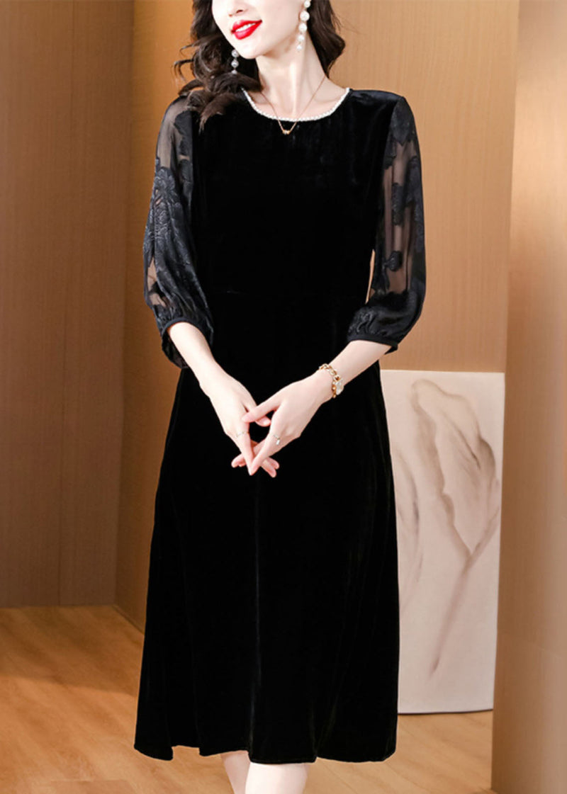 Black O-neck Embroidered Tulle Patchwork Silk Maxi Dresses Fall