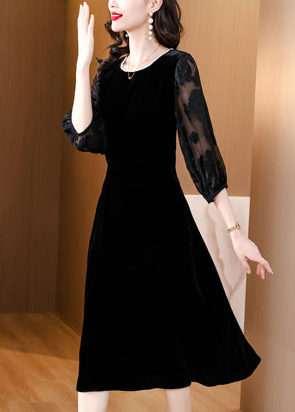 Black O-neck Embroidered Tulle Patchwork Silk Maxi Dresses Fall