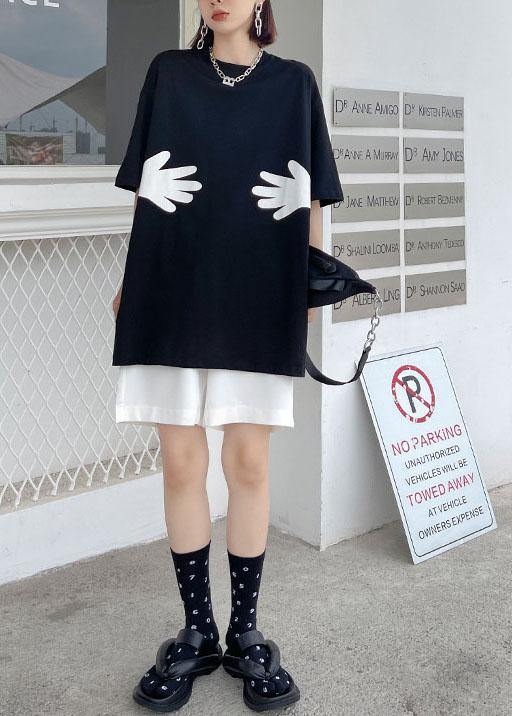 Black O Neck Hug Pattern Cotton Tee