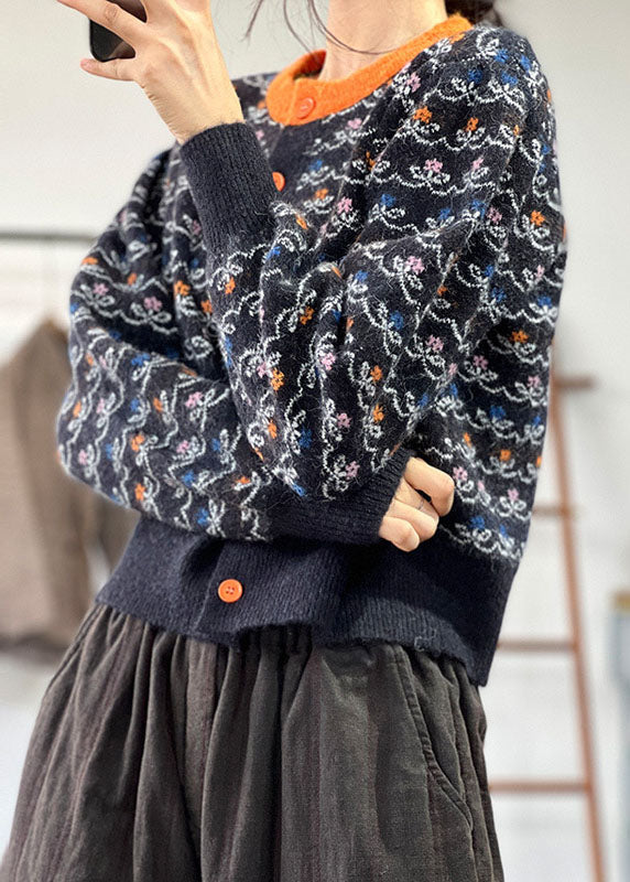 Black O-neck Jacquard Patchwork Knit Cardigans Winter