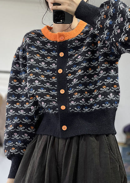 Black O-neck Jacquard Patchwork Knit Cardigans Winter