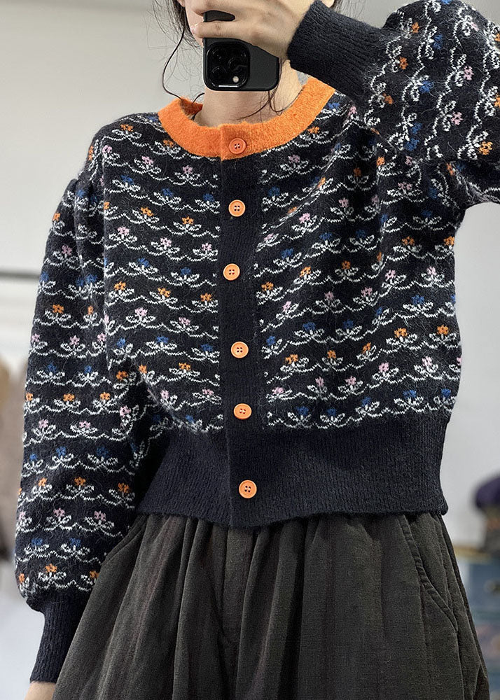 Black O-neck Jacquard Patchwork Knit Cardigans Winter
