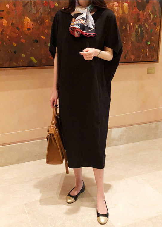 Black O-neck Linen Long Dress Batwing Sleeve