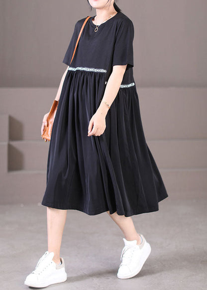 Black O-neck Oversized Letter Applique Pleated Dress Summer