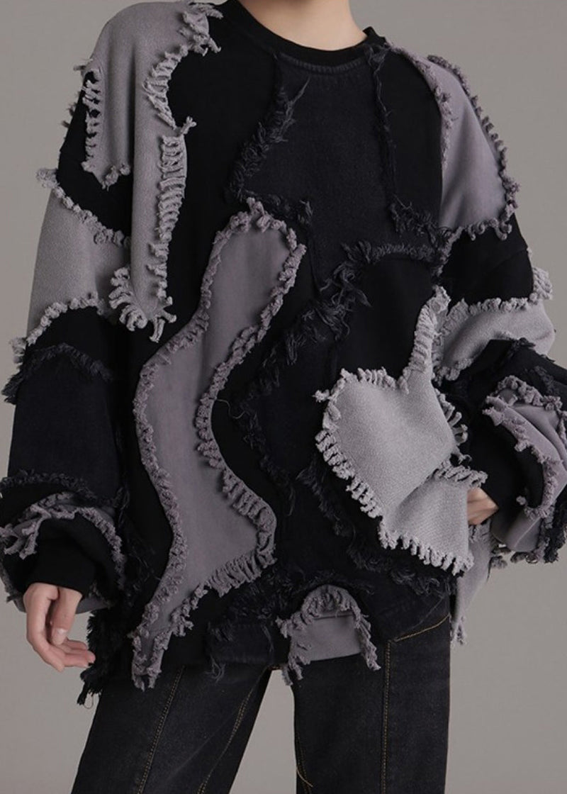 Black O-neck Patchwork Cotton Sweatshirts Long Sleeve