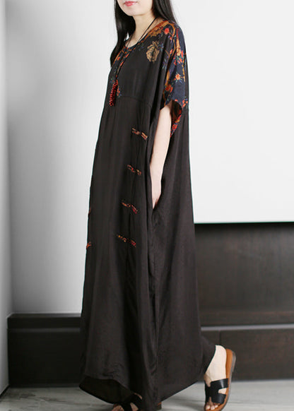 Black O-neck Patchwork Red Silk Ankle Dress Short Sleeve