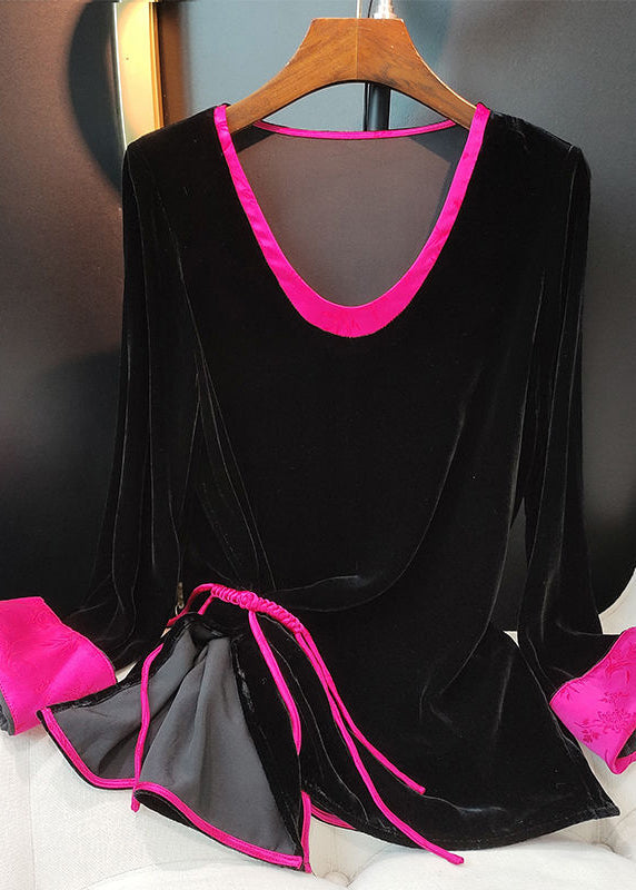 Black O-neck Patchwork Side Open Silk Velour Shirts Long Sleeve