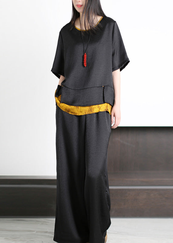 Black O-neck Patchwork Silk Top and Wide Leg Pants Two Piece Set Summer