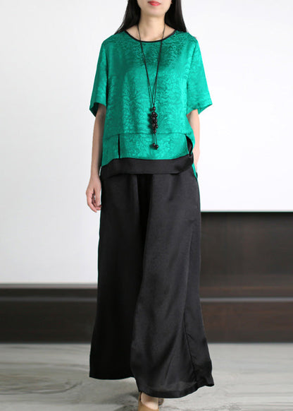 Black O-neck Patchwork Silk Top and Wide Leg Pants Two Piece Set Summer