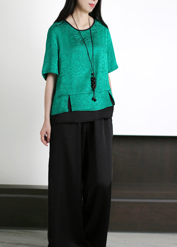 Black O-neck Patchwork Silk Top and Wide Leg Pants Two Piece Set Summer