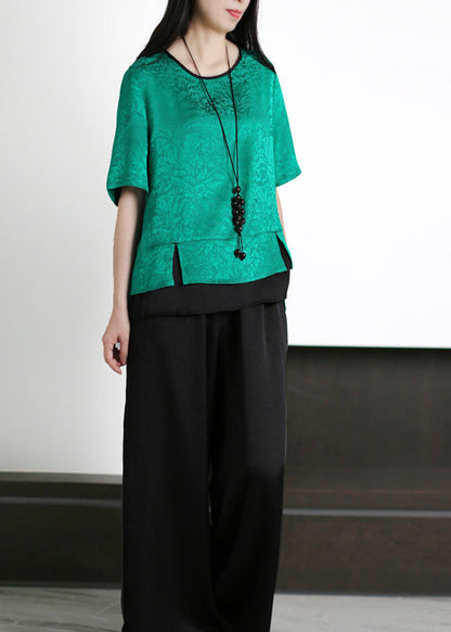 Black O-neck Patchwork Silk Top and Wide Leg Pants Two Piece Set Summer