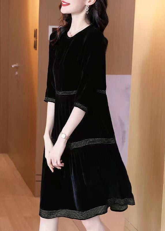 Black O-neck Patchwork Silk Velour Dresses Half Sleeve