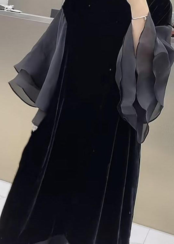 Black O-neck Patchwork Silk Velvet Maxi Dress Butterfly Sleeve