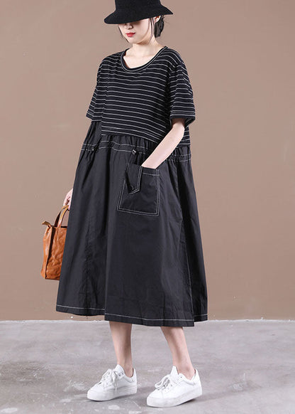 Black O-neck Patchwork Striped Cotton Long Dress Short Sleeve