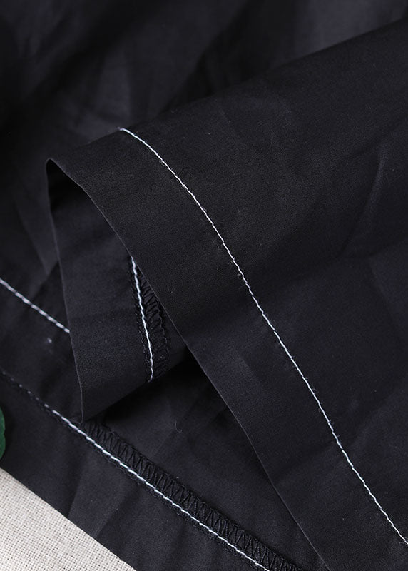 Black O-neck Patchwork Striped Cotton Long Dress Short Sleeve