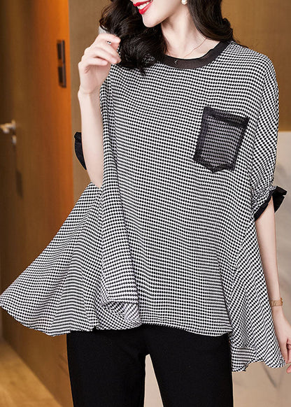 Black O-neck Plaid Patchwork Chiffon Tank Tops Short Sleeve