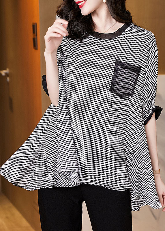 Black O-neck Plaid Patchwork Chiffon Tank Tops Short Sleeve