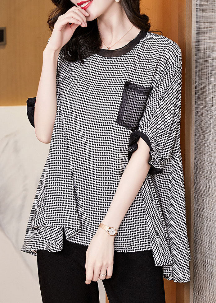 Black O-neck Plaid Patchwork Chiffon Tank Tops Short Sleeve
