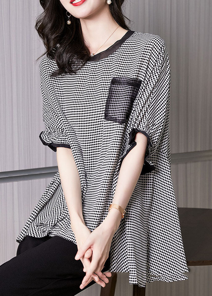 Black O-neck Plaid Patchwork Chiffon Tank Tops Short Sleeve