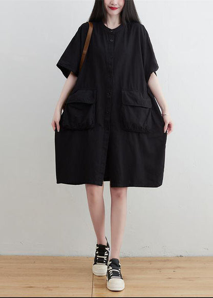 Black O-neck Pockets Button Linen Dresses Short Sleeve