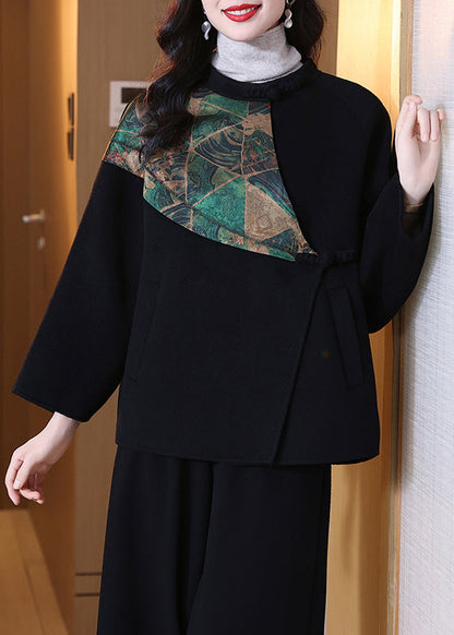 Black O Neck Pockets Wool Coats Spring