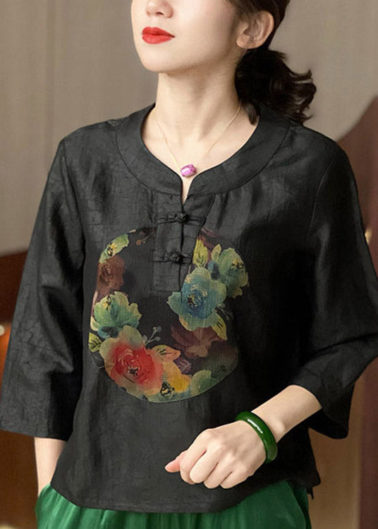 Black O-neck Print Button Silk Top Bracelet Sleeve