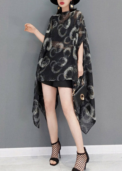 Black O-neck Print Chiffon Dress Batwing Sleeve