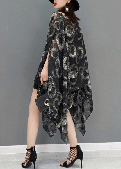 Black O-neck Print Chiffon Dress Batwing Sleeve
