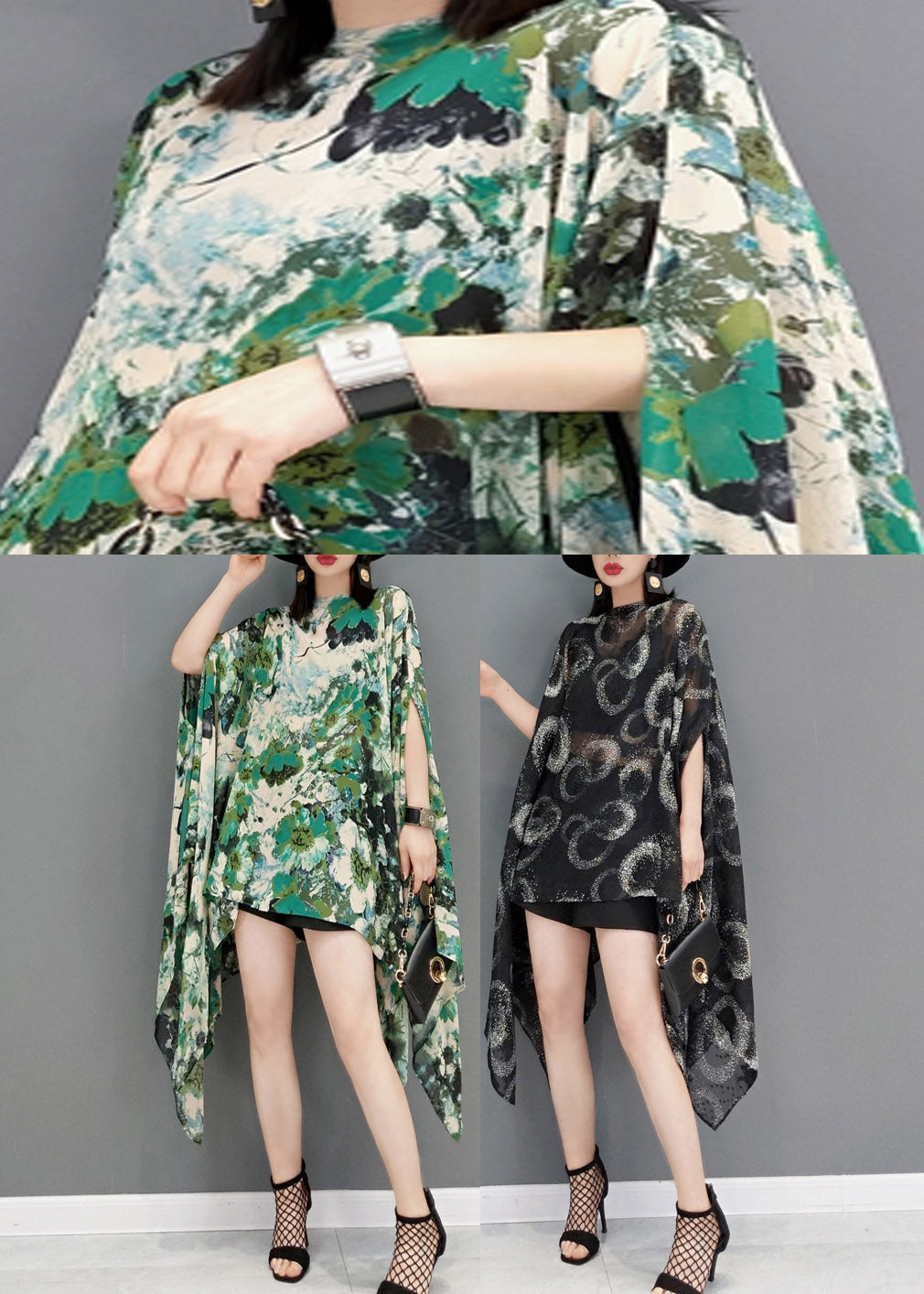 Black O-neck Print Chiffon Dress Batwing Sleeve