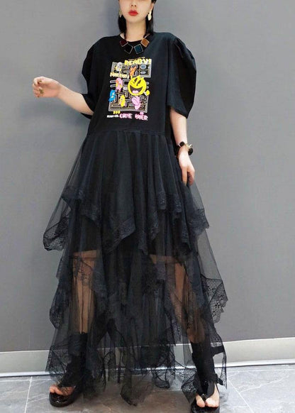 Black O-neck Print Half Sleeve Fall Dresses