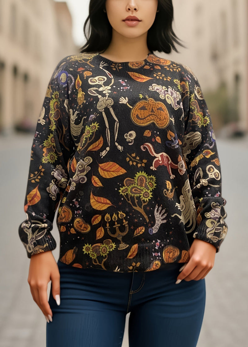 Black O-neck Print Knitting Cotton Sweaters Fall