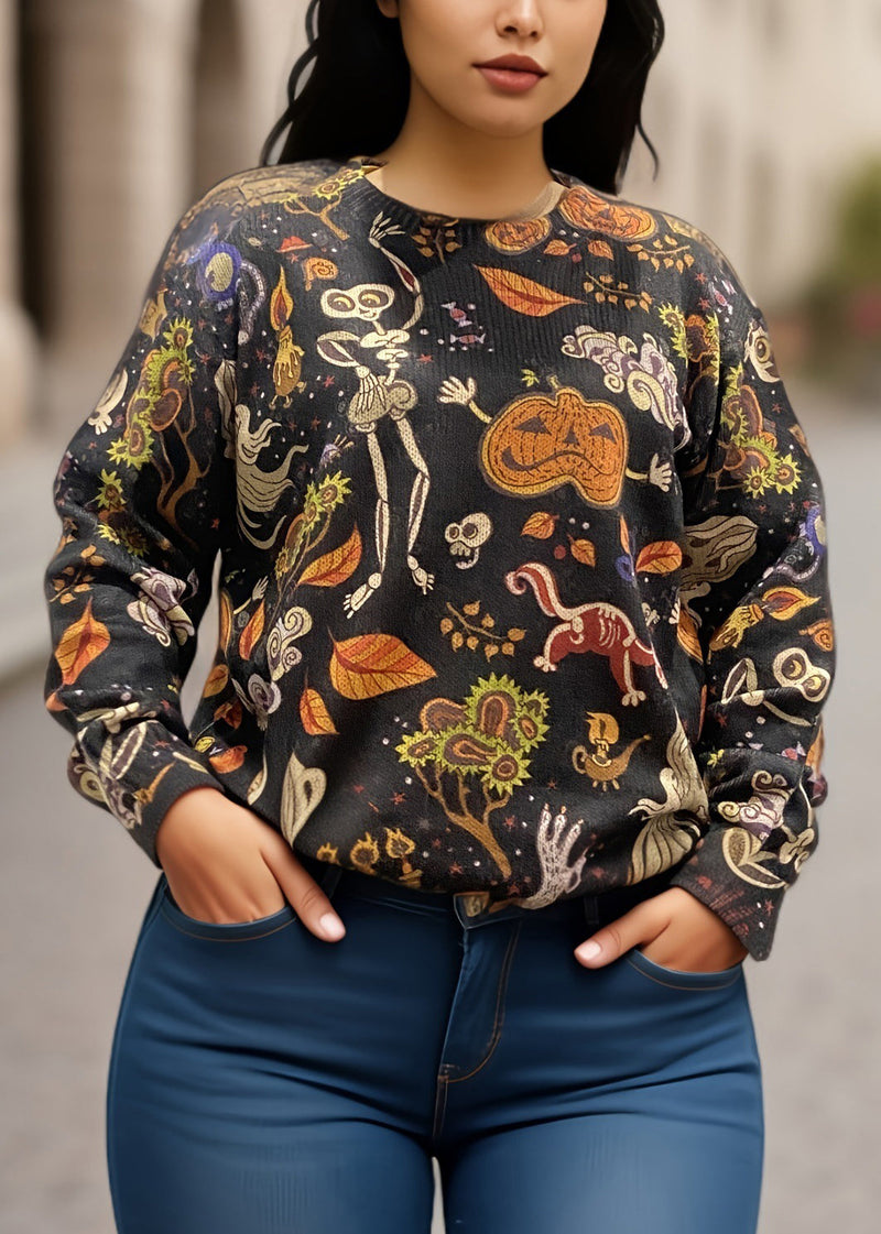 Black O-neck Print Knitting Cotton Sweaters Fall