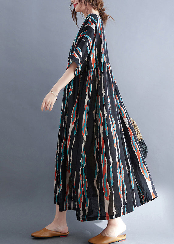 Black O-neck Print Long Dresses Half Sleeve