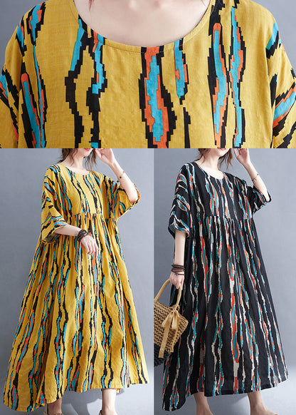Black O-neck Print Long Dresses Half Sleeve