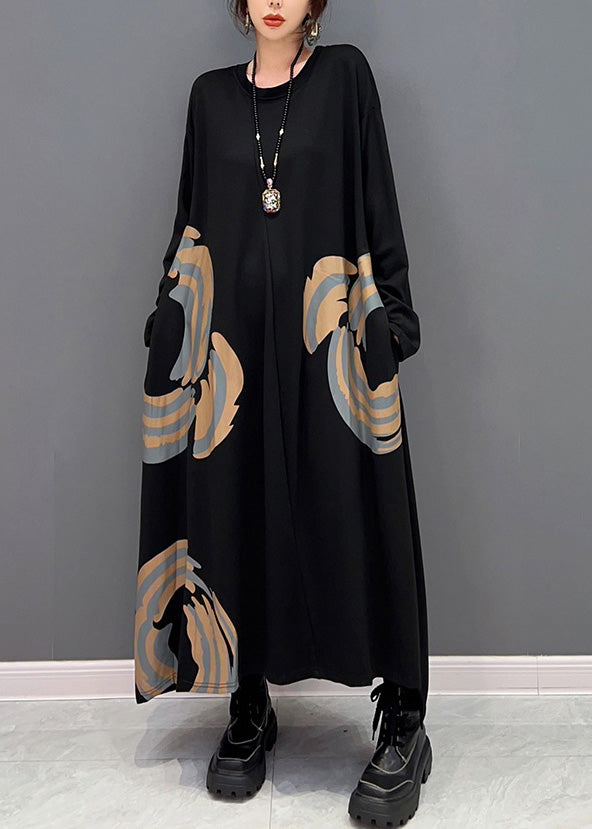 Black O-neck Print Maxi Dresses Spring