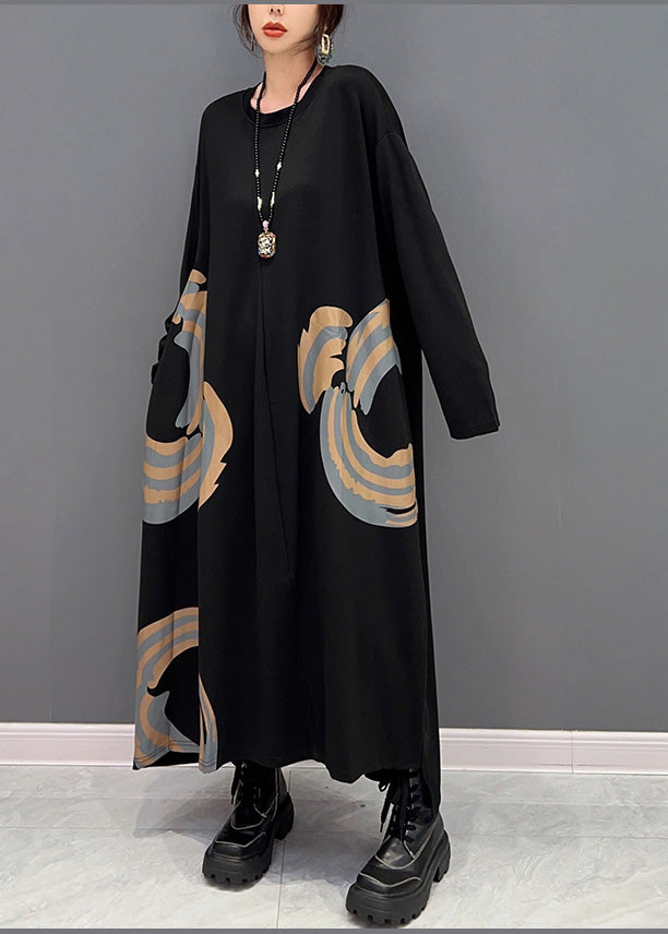 Black O-neck Print Maxi Dresses Spring