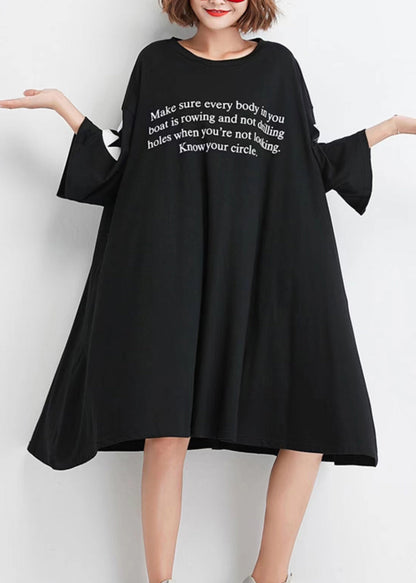 Black O Neck Print Patchwork Cotton Dresses Half Sleeve