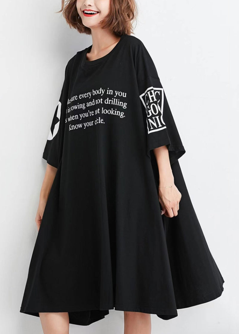 Black O Neck Print Patchwork Cotton Dresses Half Sleeve