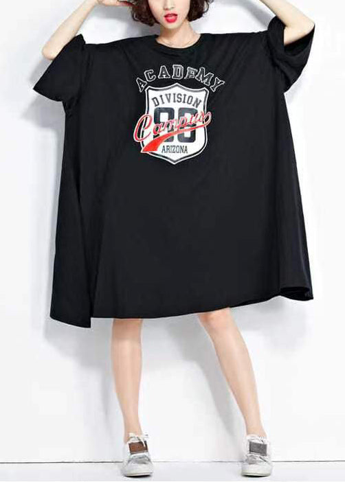 Black O Neck Print Patchwork Cotton Mid Dress Summer