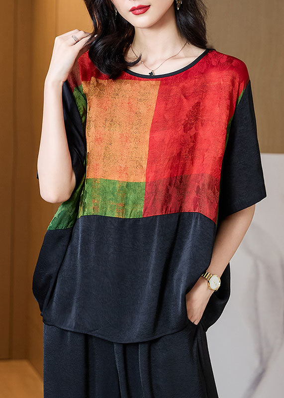 Black O Neck Print Patchwork Silk T Shirt Tops Half Sleeve