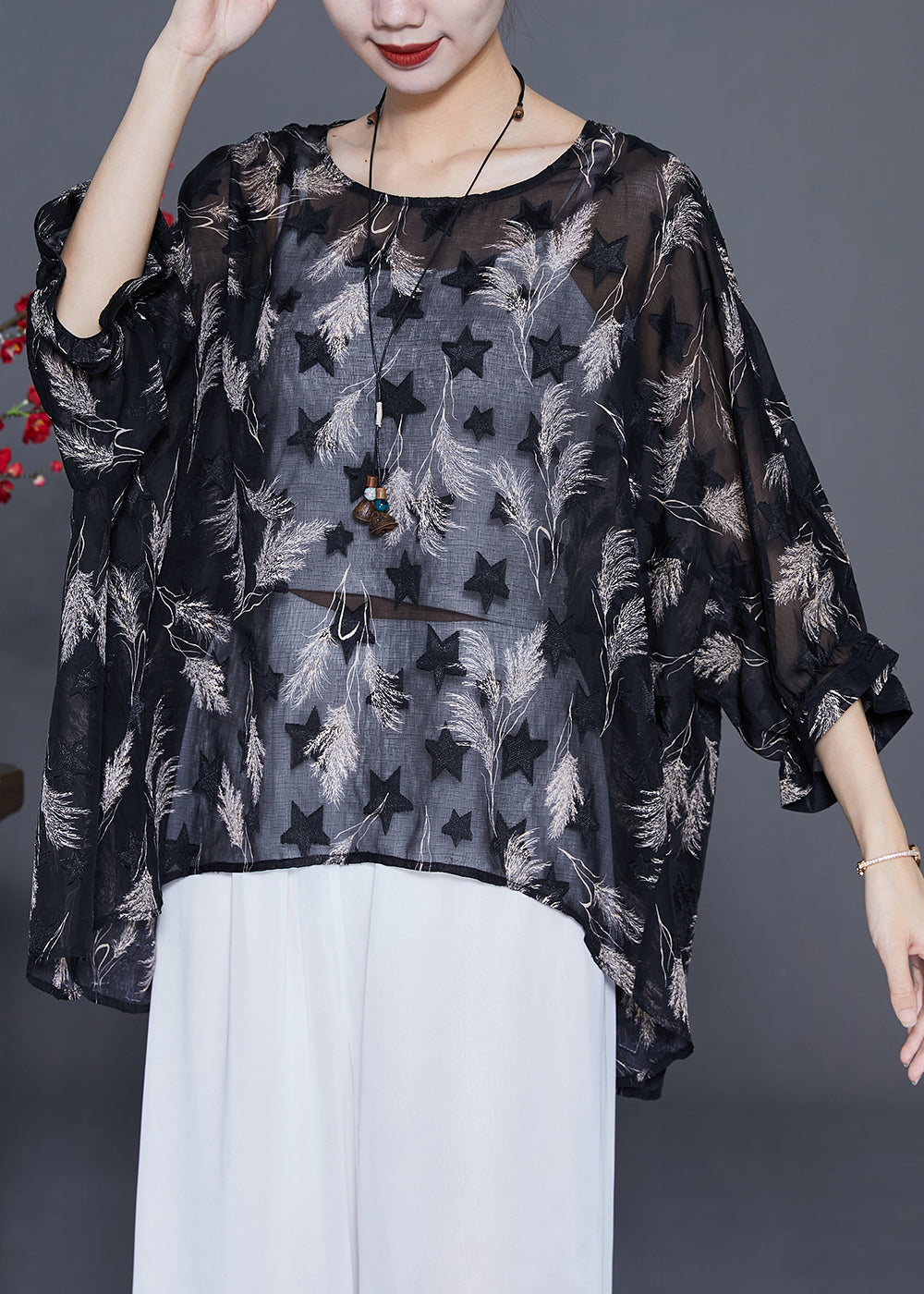 Black O-neck Print Silk Upf 50+ Top Bracelet Sleeve
