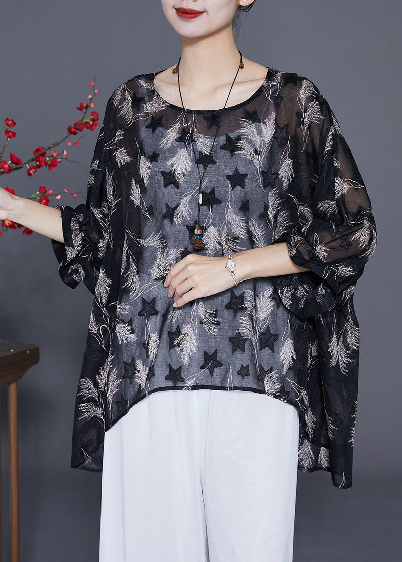 Black O-neck Print Silk Upf 50+ Top Bracelet Sleeve