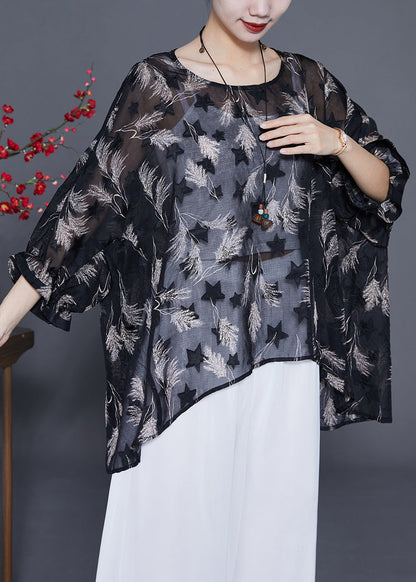 Black O-neck Print Silk Upf 50+ Top Bracelet Sleeve