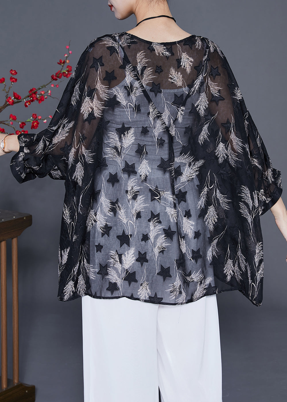 Black O-neck Print Silk Upf 50+ Top Bracelet Sleeve